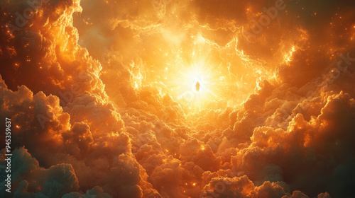 A serene image of the divine throne and the second coming of Jesus Christ, with soft, glowing light and ethereal clouds conveying the profound nature of the biblical scene.