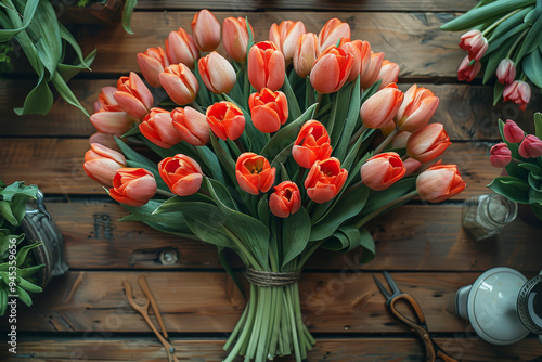 Wooden table with fresh tulpis flowers. Flower shop, florist workplace. photo