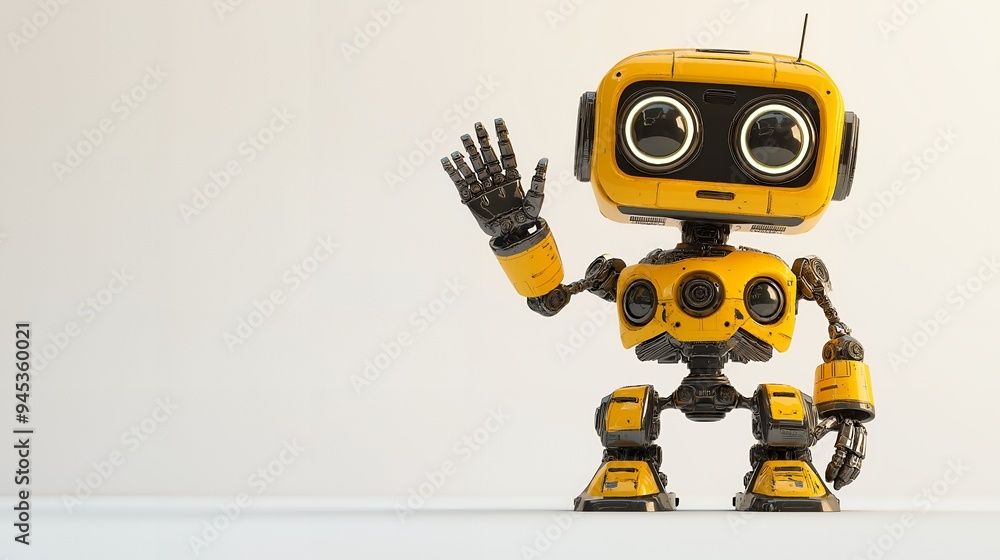 A friendly, yellow robot with expressive eyes and a waving hand, showcasing technology and design. A friendly, yellow robot with expressive eyes and a waving hand, showcasing technology and design.