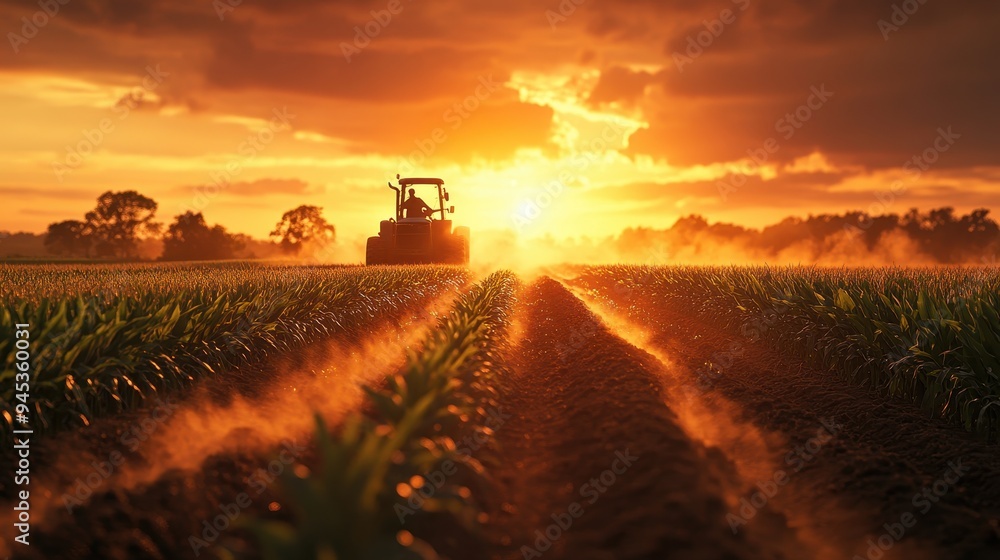 A tractor works the fields at sunset, casting a warm glow over rows of crops, evoking the beauty of farm life and nature. A tractor works the fields at sunset, casting a warm glow over rows of crops, evoking the beauty of farm life and nature.