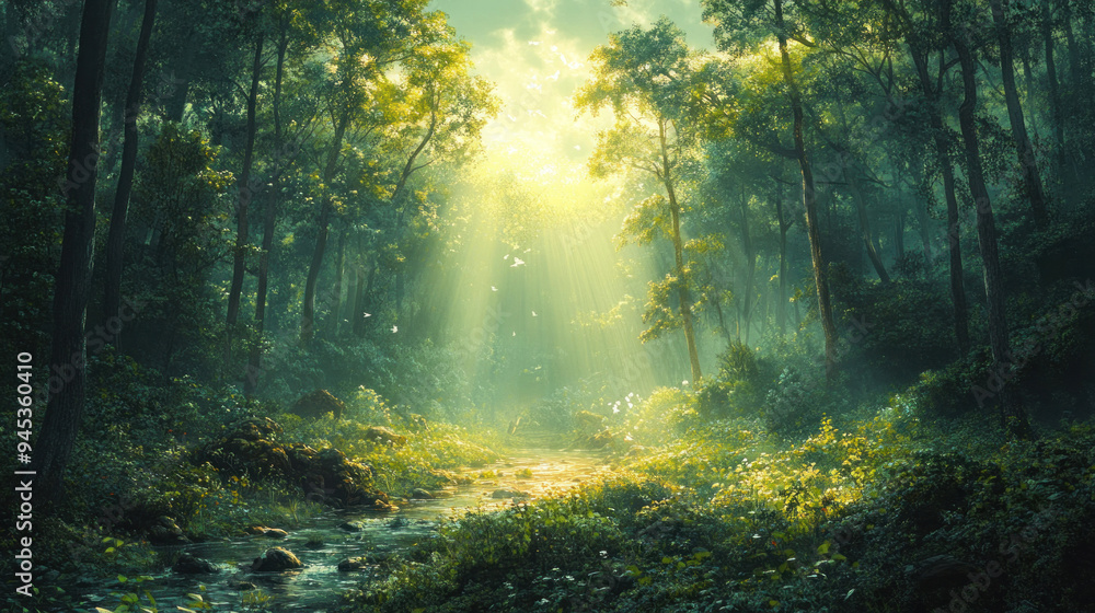 Fototapeta premium A serene portrayal of the forest exile of Lord Shri Ram, Sita, and Lakshman, capturing the peaceful yet challenging aspects of their journey