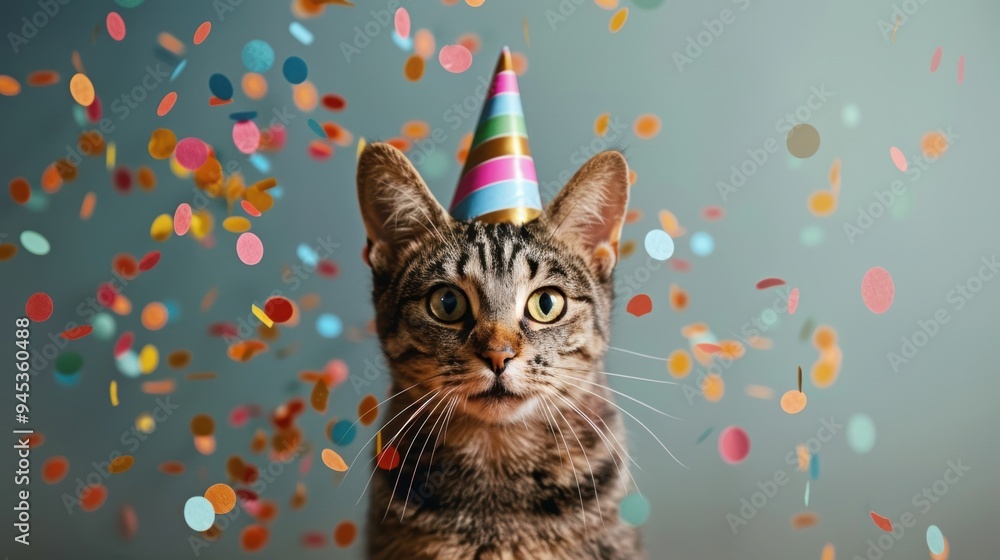 A tabby cat wearing a colorful party hat surrounded by falling confetti, capturing a fun and festive celebration. A tabby cat wearing a colorful party hat surrounded by falling confetti, capturing a fun and festive celebration.