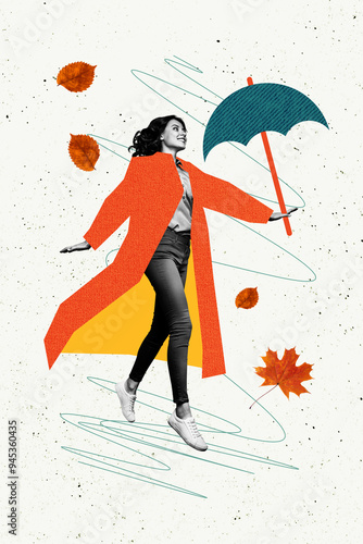 Composite trend artwork image collage of autumn season fall weather maple leaves wind young woman happy go outdoors street hold umbrella