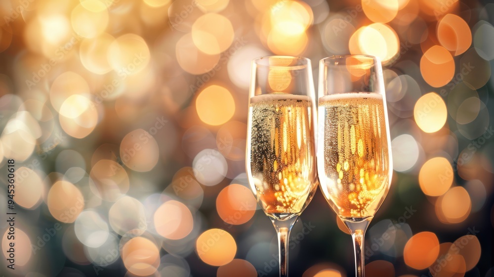 Two champagne glasses filled with bubbly, surrounded by warm bokeh lights, setting a celebratory and elegant mood. Two champagne glasses filled with bubbly, surrounded by warm bokeh lights, setting a celebratory and elegant mood.