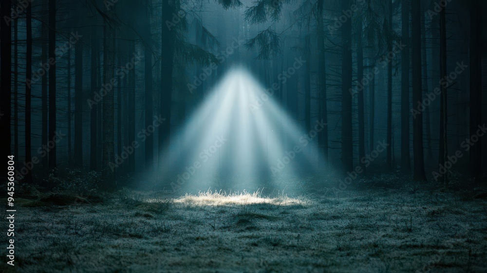 Glowing light beams breaking through a dense fog in a dark forest, mysterious and captivating, forest glowtime, eerie and enchanting Glowing light beams breaking through a dense fog in a dark forest, mysterious and captivating, forest glowtime, eerie and enchanting