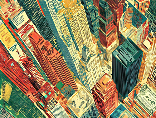 Focused image of a 1960s American economic growth poster, showing detailed skyscrapers, stock certificates, and optimistic business slogans in a retro, colorful design