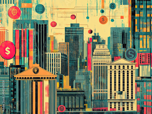 Zoomed-in view of a 60s-style American poster illustrating business success, featuring classic architecture, stock exchange symbols, and the booming economy in vibrant, nostalgic colors and typography