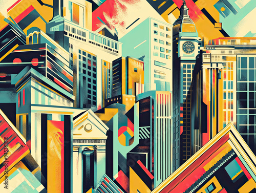 Zoomed-in view of a 60s-style American poster illustrating business success, featuring classic architecture, stock exchange symbols, and the booming economy in vibrant, nostalgic colors and typography