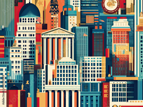 Zoomed-in view of a 60s-style American poster illustrating business success, featuring classic architecture, stock exchange symbols, 