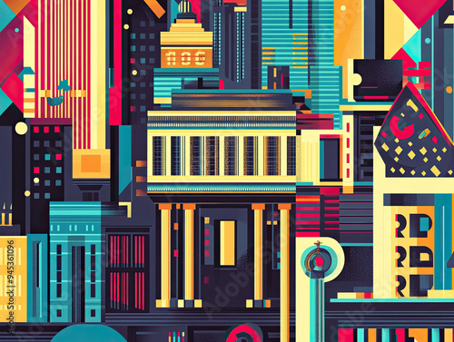 Zoomed-in view of a 60s-style American poster illustrating business success, featuring classic architecture, stock exchange symbols, and the booming economy in vibrant, nostalgic colors and typography