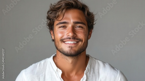 charismatic young man in crisp white shirt against neutral background warm lighting accentuates his genuine smile and confident pose creating an approachable yet professional portrait