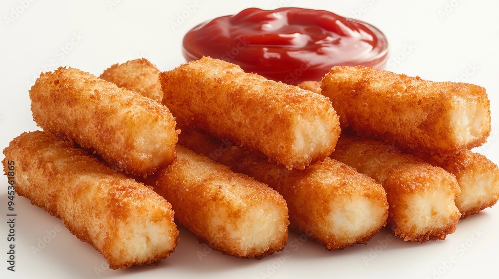 Crispy golden cheese sticks served with a side of ketchup for dipping Crispy golden cheese sticks served with a side of ketchup for dipping