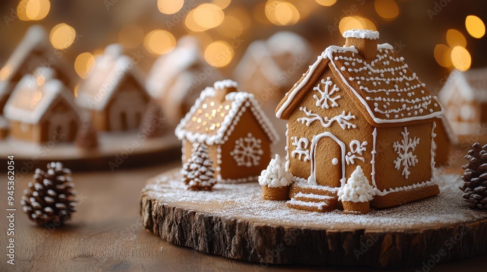 charming gingerbread village on rustic wooden table warm golden bokeh background intricately decorated houses with icing details cozy holiday scene charming gingerbread village on rustic wooden table warm golden bokeh background intricately decorated houses with icing details cozy holiday scene