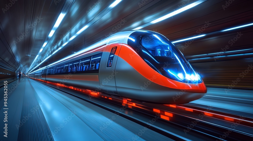 High-speed train traveling through a modern underground tunnel at night High-speed train traveling through a modern underground tunnel at night