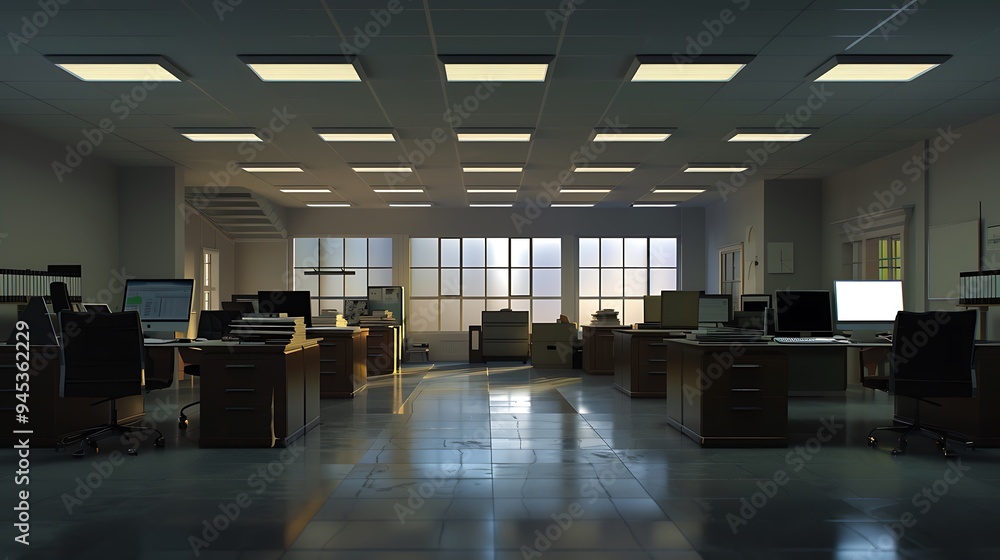 Modern Office Interior with Sunlight Streaming Through Windows Modern Office Interior with Sunlight Streaming Through Windows