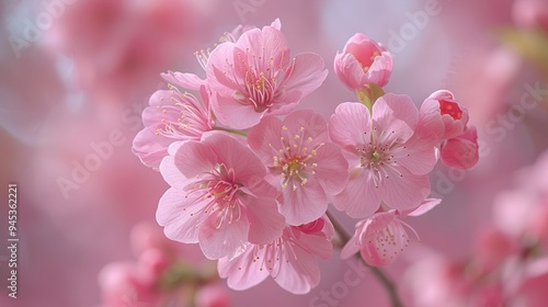 A close-up of beautiful pink cherry blossom flowers in full bloom, capturing the delicate petals and springtime essence.