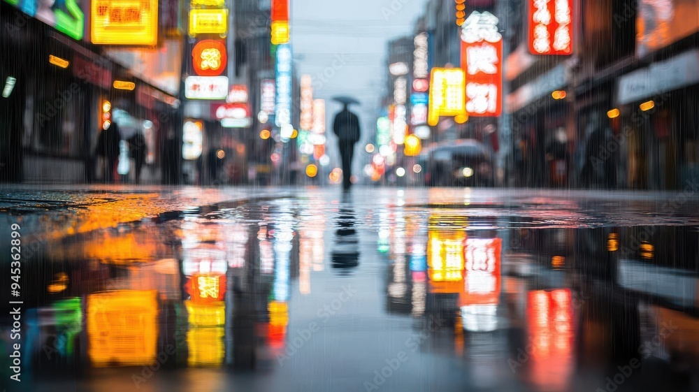 Glowing neon signs reflected in a rain-soaked street, urban glowtime, atmospheric and vibrant Glowing neon signs reflected in a rain-soaked street, urban glowtime, atmospheric and vibrant