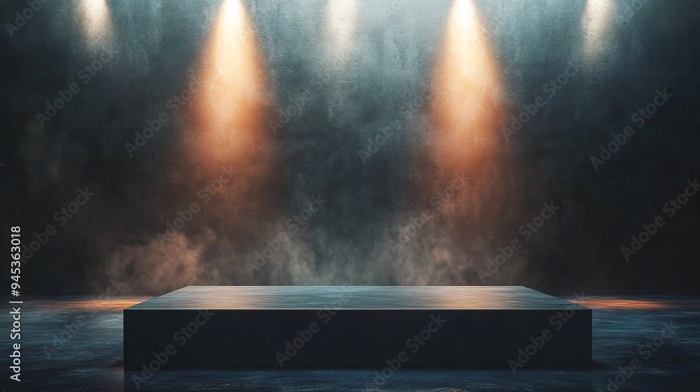 A podium with a metallic surface and sharp edges, standing on a stage with a dramatic, shadowy background and spotlights A podium with a metallic surface and sharp edges, standing on a stage with a dramatic, shadowy background and spotlights