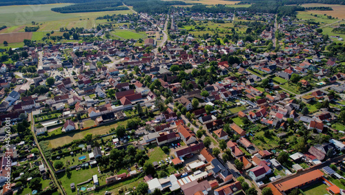 Aerial panorama view the old town of Colbitz on a cloudy day in Germany.	