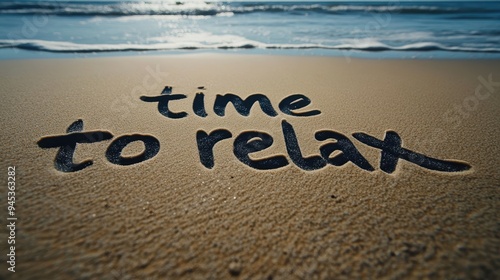 Vacation concept, Time to relax character written by finger on the sand with wave and beach background.
