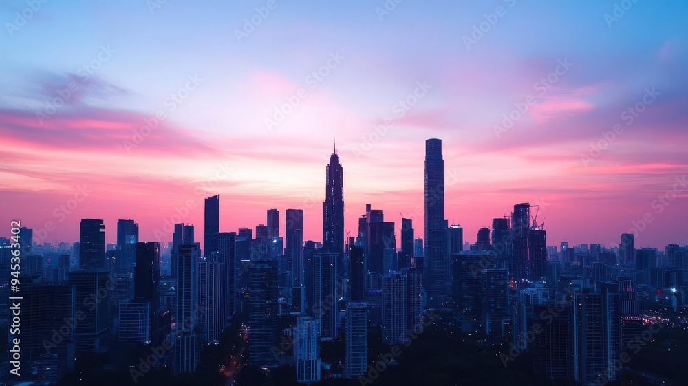 Fototapeta premium Glowing outline of a city skyline at dusk, capturing the transition from day to night, city glowtime, urban and dynamic