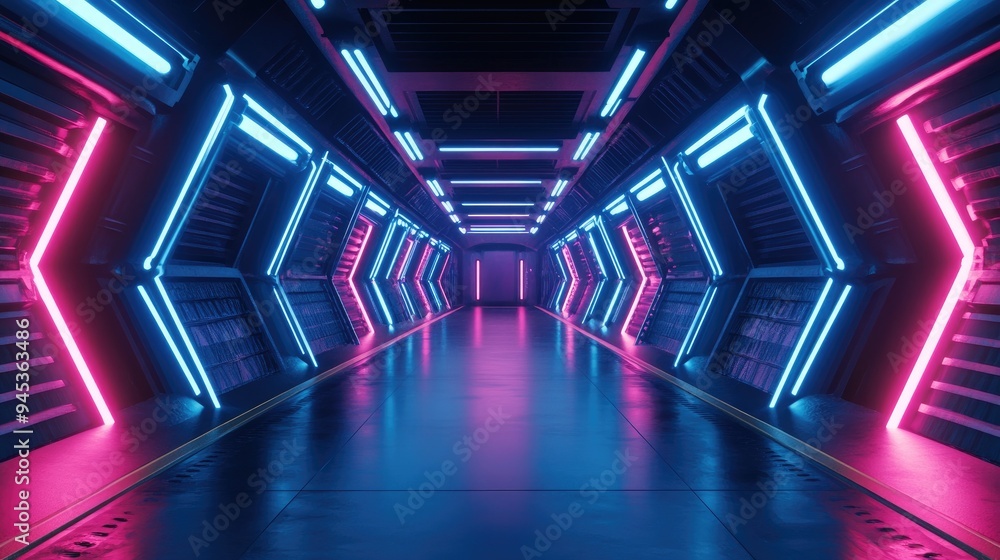 3D rendering of a futuristic showroom corridor featuring blue and pink neon lights The sci fi styled space includes laser tubes and illuminated metal panel walls in a dark tunnel setting 3D rendering of a futuristic showroom corridor featuring blue and pink neon lights The sci fi styled space includes laser tubes and illuminated metal panel walls in a dark tunnel setting