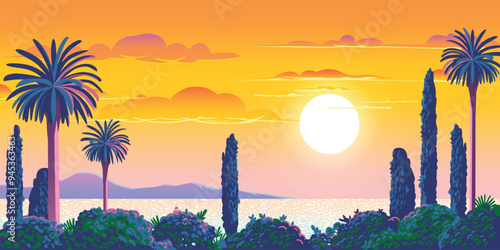 Mediterranean romantic landscape with traditional plants, palms and cypress trees in the front and island and sea in the background. Handmade drawing vector illustration.