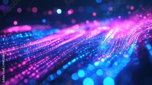 3D rendering of an abstract background featuring glowing pink and blue neon lines in ultraviolet light complemented by bokeh lights representing a data transfer theme in a digital futuristic style
