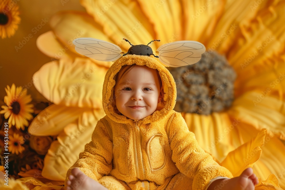 Adorable baby dressed in a bee costume, smiling brightly while sitting against a giant sunflower backdrop. Adorable baby dressed in a bee costume, smiling brightly while sitting against a giant sunflower backdrop.