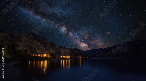 Milky Way over a Tranquil Lake with Cabin Lights