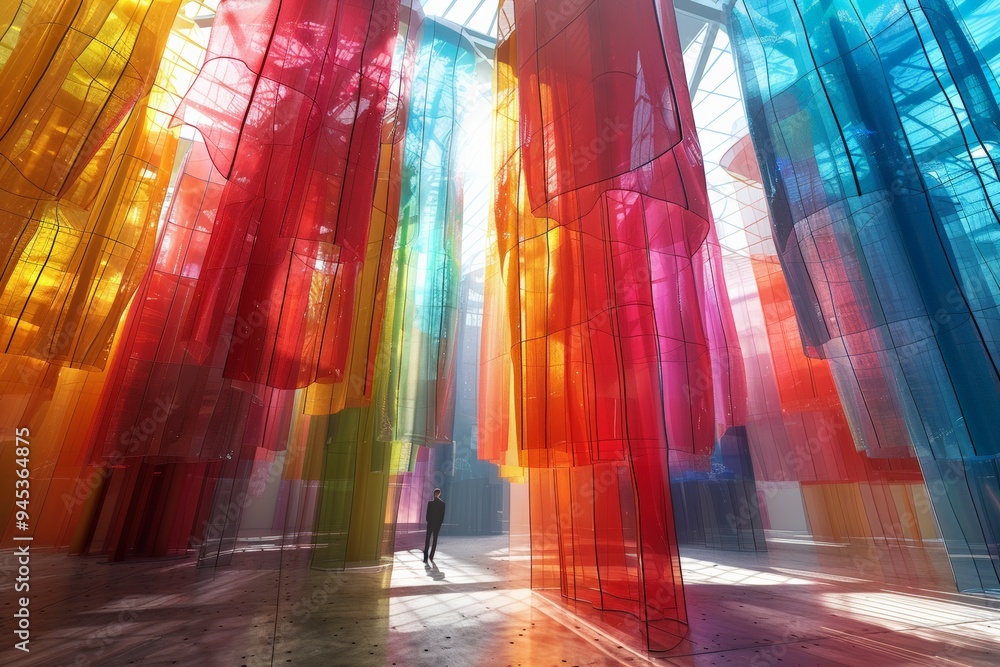 Fototapeta premium Large hanging installation of colorful translucent fabrics in a bright, sunlit room, creating a vibrant and ethereal atmosphere.