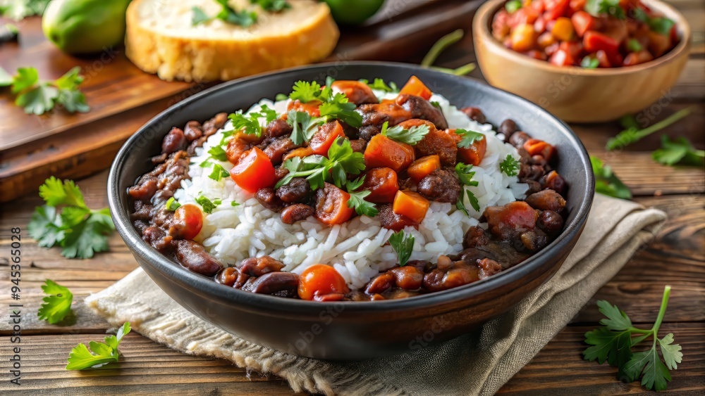 6. A comforting serving of black bean and kidney bean chili served over a bed of fluffy white rice, garnished with diced tomatoes and a sprinkle of chopped fresh cilantro, a realistic photo image. 6. A comforting serving of black bean and kidney bean chili served over a bed of fluffy white rice, garnished with diced tomatoes and a sprinkle of chopped fresh cilantro, a realistic photo image.