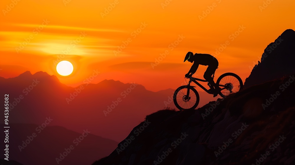 Obraz premium Silhouette of a Mountain Biker at Sunset