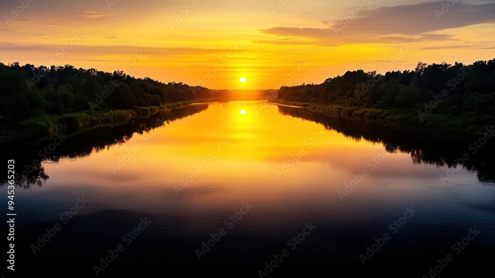 Hazy sunset over a calm river, humid weather, golden hour light Hazy sunset over a calm river, humid weather, golden hour light