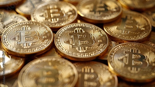 Several gold-colored Bitcoin coins, showing the iconic 'B' symbol, are piled together in a close-up shot