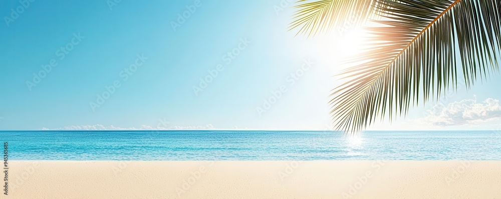 Fototapeta premium Tropical sun shining brightly over a palmlined beach, warm weather, summer vibes