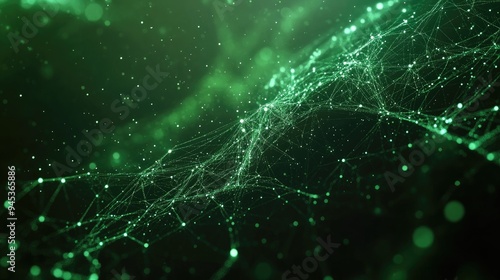 Abstract green technology background featuring connected particles and plexus lines illuminated by starlight Includes depth of field effects in a 3D rendering