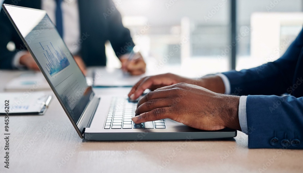 Financial Risk Evaluation: African Underwriter Using Laptop for Client Reports