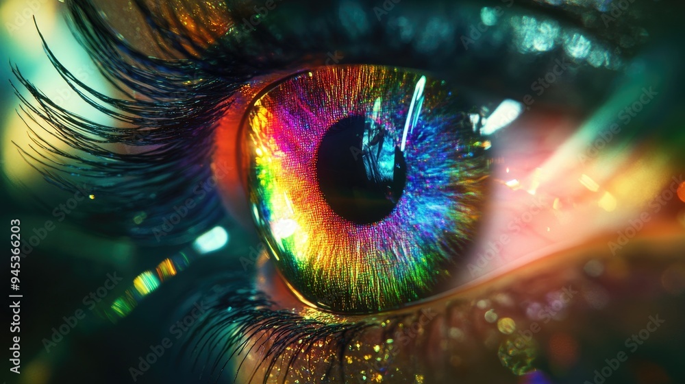 Naklejka premium Animation concept of a human multicolored iris featuring rainbow lines scattering from a bright circle forming a volumetric iris and pupil 3D rendering background in 4K