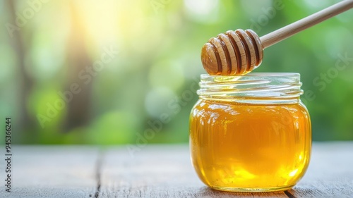 Honey jar with a wooden dipper