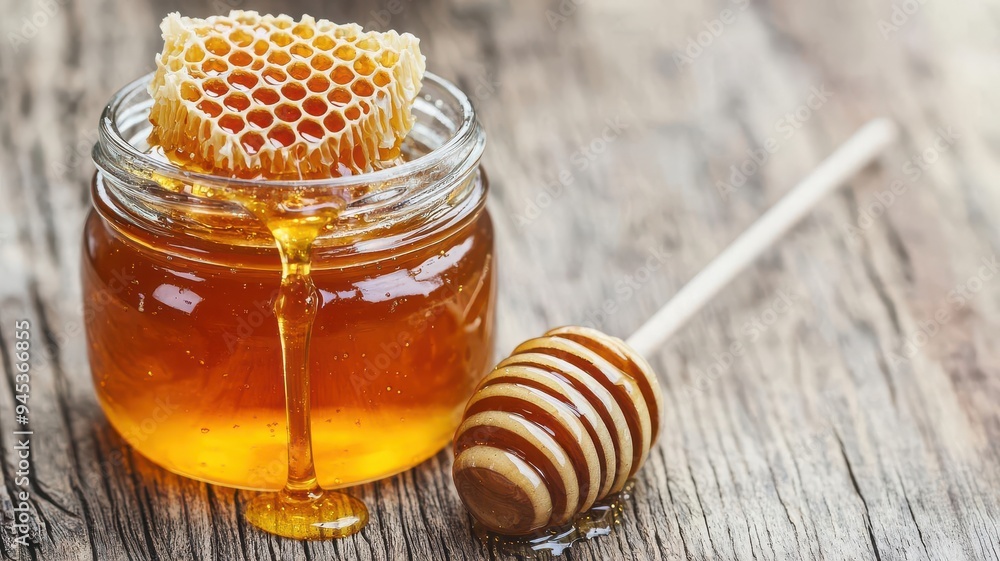 Honeycomb dripping honey into a jar