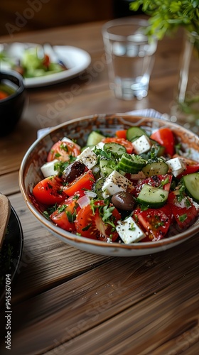 Shot of greek salad with feta olives and cucumber