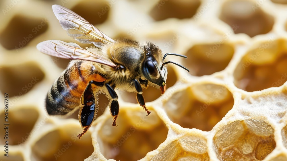 Honeycomb structure with a bee flying by Honeycomb structure with a bee flying by