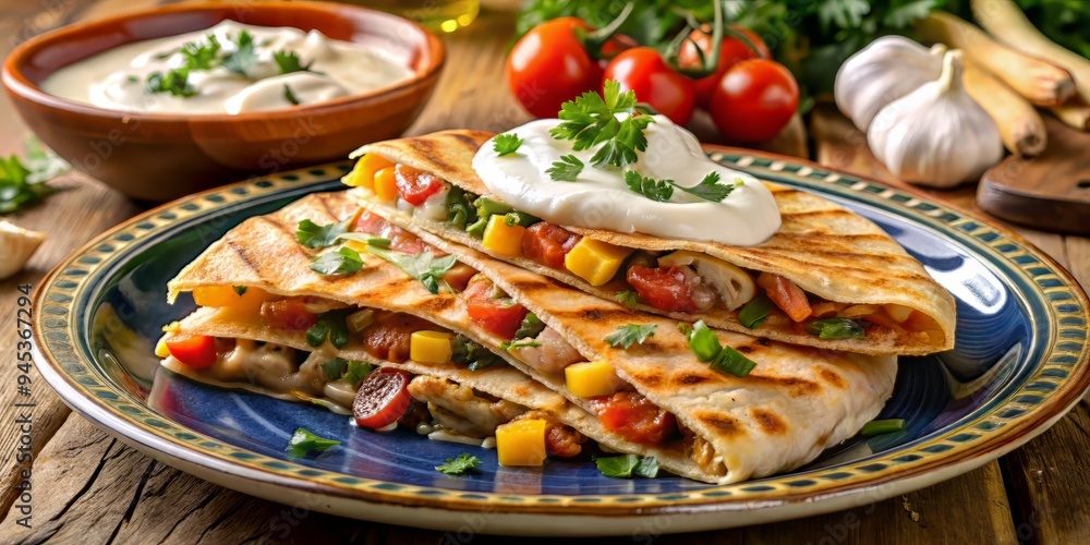 tuna quesadilla placed on a colorful ceramic tile, garnished with a dollop of sour cream and a sprinkle of chopped cilantro tuna quesadilla placed on a colorful ceramic tile, garnished with a dollop of sour cream and a sprinkle of chopped cilantro