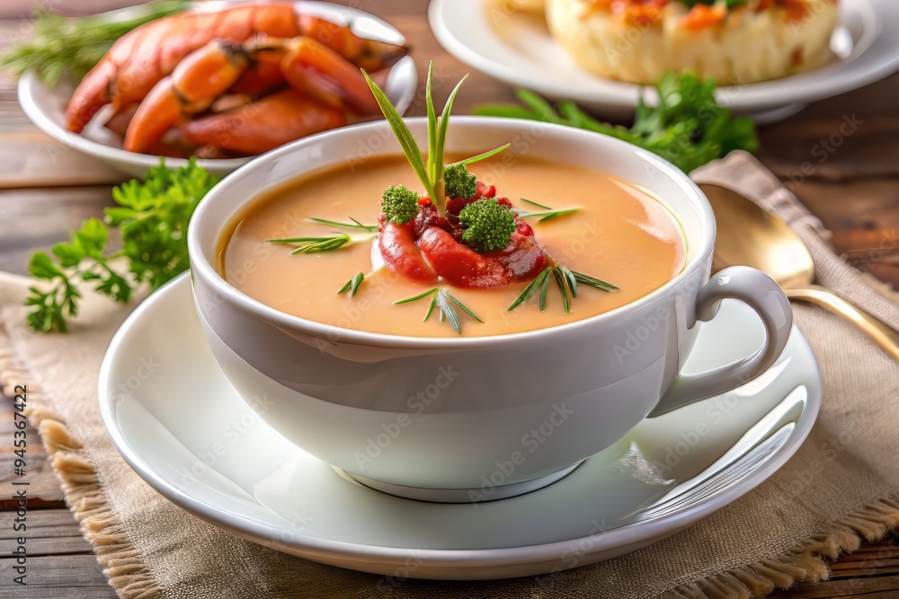 7. A delicate seafood bisque infused with the flavors of lobster and shrimp, poured into a dainty tea cup, a realistic photo image. 7. A delicate seafood bisque infused with the flavors of lobster and shrimp, poured into a dainty tea cup, a realistic photo image.
