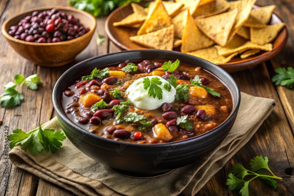 1. A steaming hot bowl of black bean and kidney bean chili garnished with fresh cilantro, sour cream, and crushed tortilla chips, set against a rustic wooden table, a realistic photo image. 1. A steaming hot bowl of black bean and kidney bean chili garnished with fresh cilantro, sour cream, and crushed tortilla chips, set against a rustic wooden table, a realistic photo image.