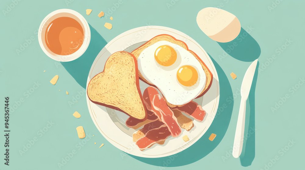 Delicious breakfast plate featuring eggs, bacon, toast, and cup of coffee, evoking warm and inviting morning atmosphere. Delicious breakfast plate featuring eggs, bacon, toast, and cup of coffee, evoking warm and inviting morning atmosphere.