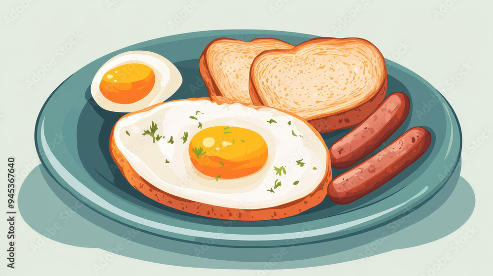 Delicious breakfast plate featuring fried eggs, sausages, and toast, evoking sense of comfort and satisfaction. Delicious breakfast plate featuring fried eggs, sausages, and toast, evoking sense of comfort and satisfaction.