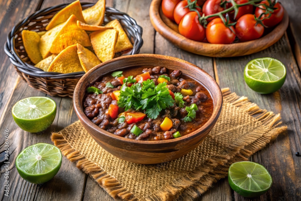 5. A beautifully styled composition featuring a bowl of black bean and kidney bean chili alongside a basket of warm tortilla chips, a wedge of lime, and a side of fresh salsa, a realistic photo image.
