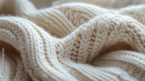 closeup of intricate cableknit sweater texture soft focus on ivory wool fibers with subtle shadows emphasizing cozy patterns